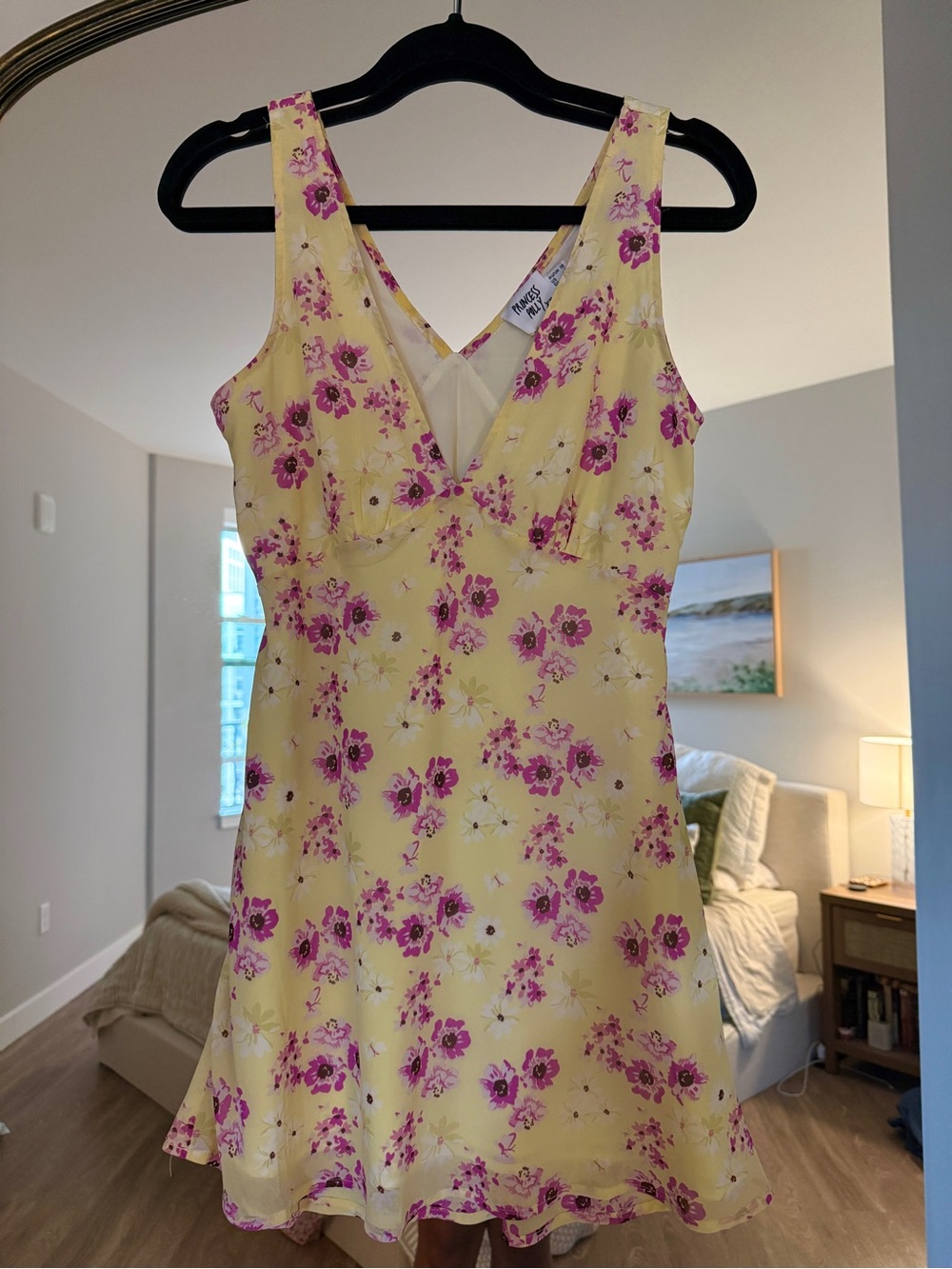 Princess Polly Floral V-Neck Yellow Mini Dress with Pink Blossom Print